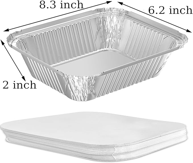 50 PACK 8.3"x6.2" Disposable Tin Foil Pans with Lids 2.25LB Aluminum Pans To Go Containers for Cooking, Baking, Catering Party Meal Prep, Take Out, Freeze