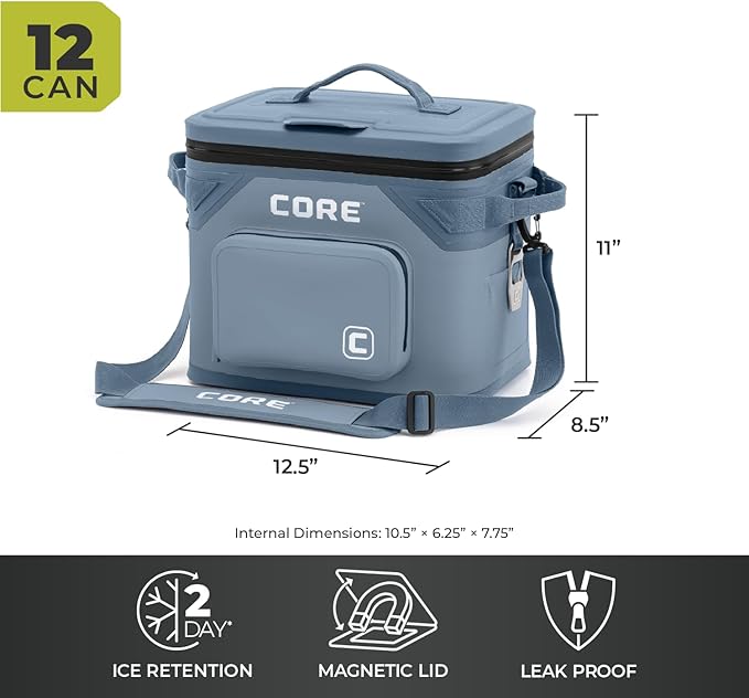 CORE Magnetic Leak Proof Soft Cooler with Waterproof Zipper | Insulated Bag Portable Ice Chest Box | Best Soft Cooler for Food & Beverages for Tailgating, Car Camping, Travel, and Family Beach Picnics