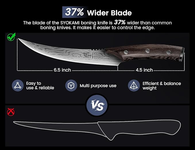 Boning Knife for Meat Cutting, 6.5 Inch Japanese Style Fish Fillet Knife with Wood Handle, High Carbon Razor Sharp Curved Blade for Deboning Trimming, Housewarming Birthday Cooking Gifts