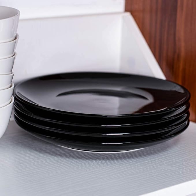 DELLING 10 inch Black Dinner Plates Set, Porcelain Dessert/Salad Plate, Serving Dishes, Dinnerware Sets, Scratch Resistant, Lead-Free, Microwave, Oven, and Dishwasher Safe - Set of 4