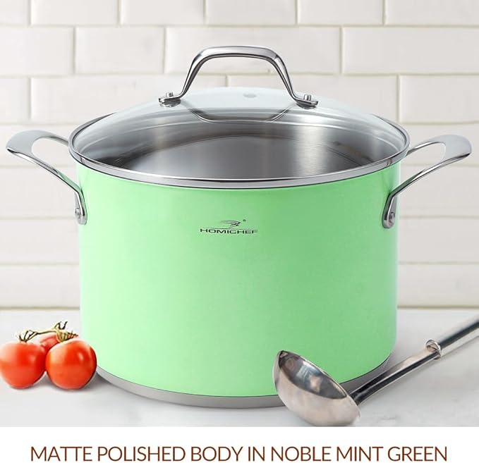 HOMICHEF 7 Quart Nickel Free Stainless Steel Stock Pot - Mint Green Non-Toxic 9.5 Inch Stockpot with Glass Lid - Coating Free Heavy Duty Induction Soup Pot for Cooking
