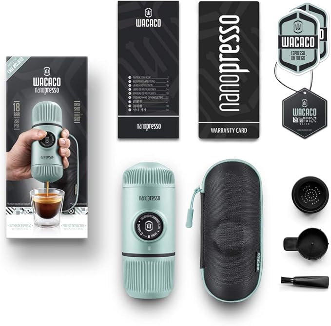 WACACO Nanopresso Portable Espresso Maker with Case, Mini Travel Coffee Machine, Perfect for Camping, Travel and Office( Elements Arctic Blue)