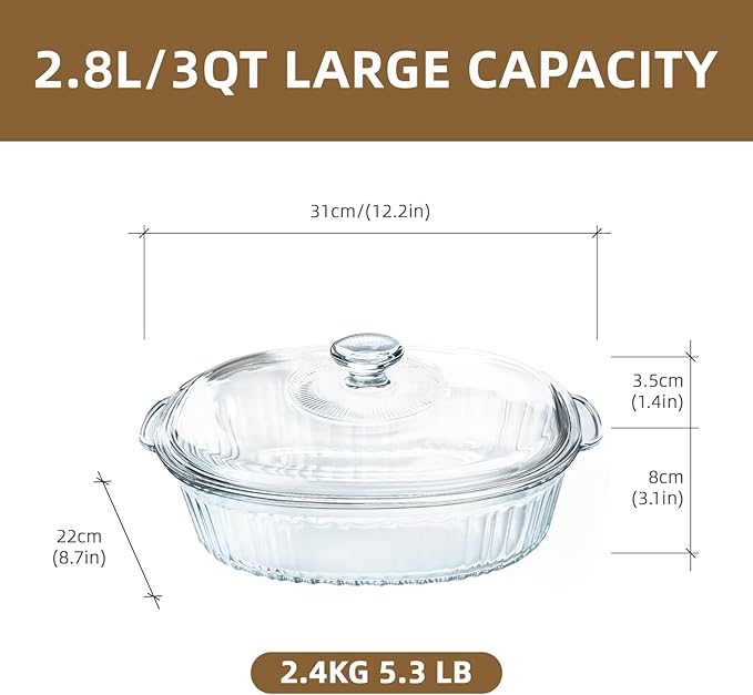 Luvan 2.8L/3Qt Glass Casserole Dish with Lid, Ribbed Oval Glass Baking Dish for Oven & Microwave, Clear Lead-Free Covered Casserole Cookware, Versatile Deep Glass Food Container for Baking, Cooking