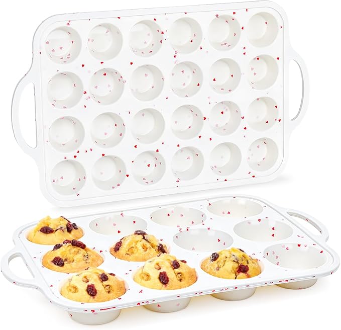 Silicone Muffin Pans for Baking, Metal Reinforced Frame Regular 24 Cups & Mini 12 Cups Cupcake Pan Nonstick Muffin Pan for Homemade Baking Easy to Handle