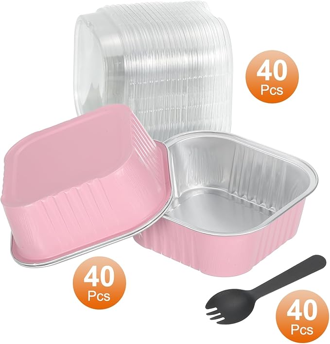 HARFINGTON 40Pack 10oz Disposable Mini Cake Pans with Lids and Spoons Pink Aluminum Foil Square Baking Cupcake Dessert Cups Tin for Birthday Party