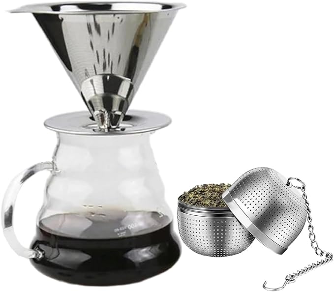 Reusable Pour Over Coffee Filter & Tea Infuser Set – Stainless Steel Cone Dripper & Loose Leaf Tea Ball – Eco-Friendly, Ideal for French Press, Cold Brew & More
