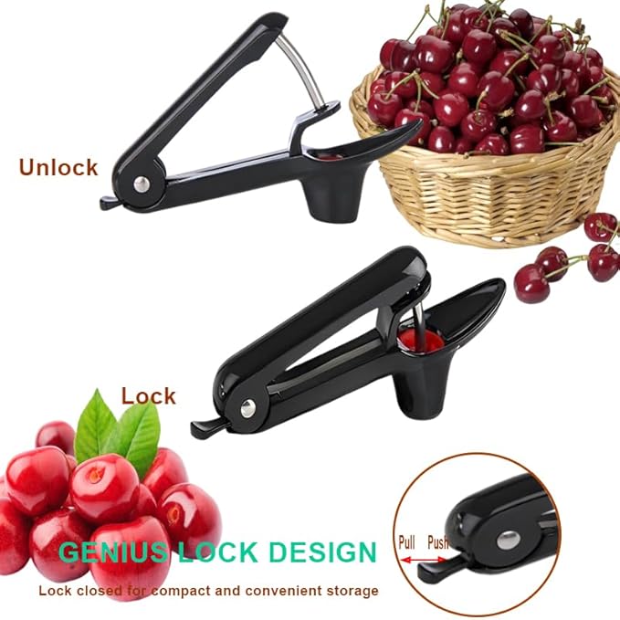 Cherry Pitter, Stainless Steel Olive and Cherries Pitters Corer Tool with Space-Saving Lock Design, Multi-Function Fruit Pit Remover for Cherry Jam (Black)