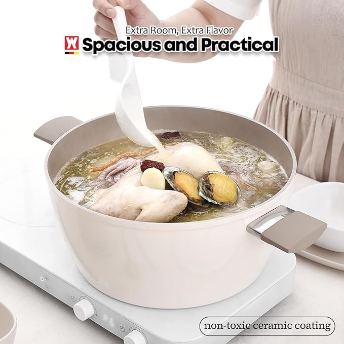 Large Size Aluminum Stock Pot with 7-Layered Ceramic Coating, Non-Stick Surface, Bakelite Stay-Cool Handles,Tempered Glass, Family Meal, Deep Design, 9.95Liter / 10.51Quarts
