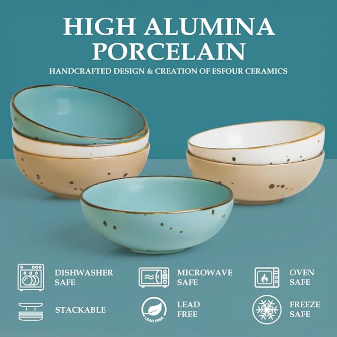 Esfour Round Porcelain Bowls - 18 Ounce - Set of 6 - Microwave, Oven, Dishwasher-Safe, Scratch Resistant, Porcelain Durable Small Dishes Bowls for Cereal, Salad, Pasta, Soup Dessert - Assorted Natural