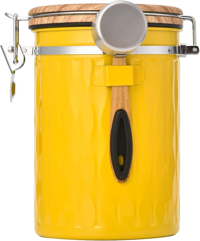 TEDSWAIT Coffee Container with Sealed Cantilever Lid and Scoop, Airtight Stainless Steel Kitchen Food Storage Canister with Date Tracker, 1.8L(Yellow)