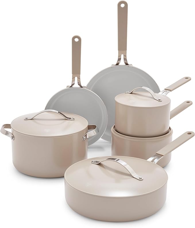 GreenLife 10-Piece Nonstick Ceramic Cookware Set, Lightweight Healthy PFAS-Free Pots & Pans with Lids, Dishwasher & Oven Safe, Durable Body, Silicone Stay-Cool Handles, Easy Release, Taupe