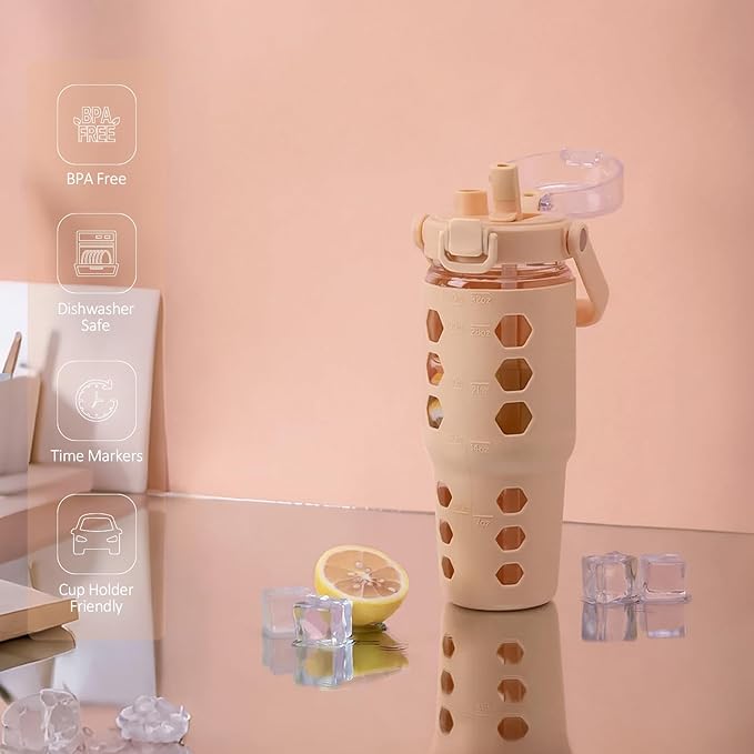 MUKOKO 32 oz Glass Tumbler with Straw,Glass Water Bottles with Time Marker,Iced Coffee Cup with Silicone Sleeve,Motivational Drinking Bottles,Leakproof-Amber