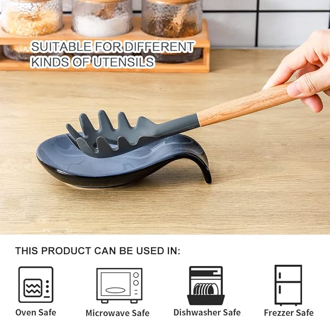 Nihow Ceramic Spoon Rest: 4 Inch Stable Utensil Rest - Heat Resistant Spoon Holder for Kitchen counter/Countertop/Stove Top - Dishwasher Safe - Elegant Black & Grey (1 PC)