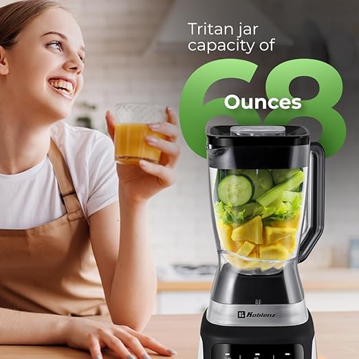 Koblenz Professional Blender, Countertop Blender for Shakes and Smoothies with 3 Speeds, 1200-W Motor, 68 Oz. Capacity, Super Silent Operation, Includes Tamper Accessory, Black/Chrome, LKM-9406