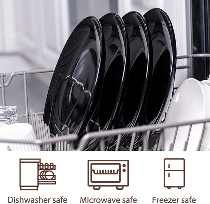 DELLING 10 inch Black Dinner Plates Set, Porcelain Dessert/Salad Plate, Serving Dishes, Dinnerware Sets, Scratch Resistant, Lead-Free, Microwave, Oven, and Dishwasher Safe - Set of 4