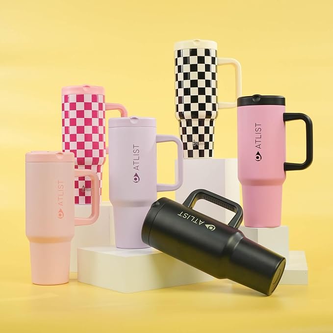 100% Leakproof 40 oz Tumbler with Handle & 4-in-1 SipSwig Lid, Built-In Flip Straw & External Stainless Steel Straw, Insulated Stainless Steel Cup, BPA-Free, Pink & Black