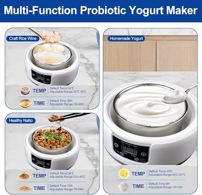 Yogurt Maker with Adjust Temp & Time, Abnaok Multi-Function Probiotic Yogurt Maker with BPA-free PP Lid, Celsius Increment, 304 Stainless Steel Inner Bowl, LED Display