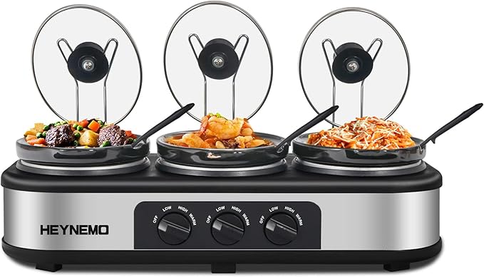 Triple Slow Cooker, 3×1.5 QT Buffet Servers and Warmers, 3 Pots Buffet Slow Cooker Adjustable Temp Lid Rests Stainless Steel Manual Silver for Parties Holidays Families