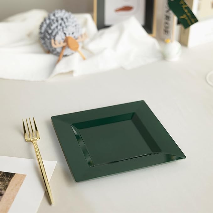 100 Pack Green Plastic Square Dessert Plates, 6.5" Disposable Salad Plates Heavy Duty Plates for Party, Wedding, Christmas, Easter
