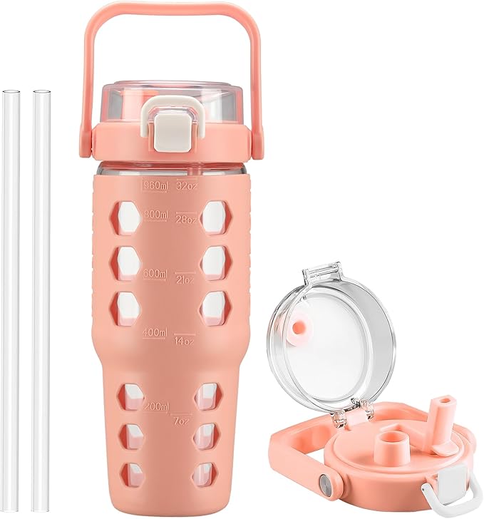 MUKOKO 32 oz Glass Tumbler with Straw,Glass Water Bottles with Time Marker,Iced Coffee Cup with Silicone Sleeve,Motivational Drinking Bottles,Leakproof-Coral Pink