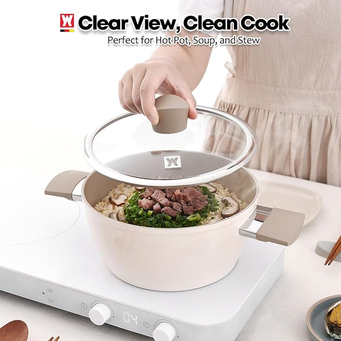 Aluminum Stock Pot with 7-Layered Ceramic Coating, Non-Stick Surface, Tempered Glass Lid, Dual Heat-Proof Handles, PFOA, PFAS, Lead, Cadmium Free, 3.63Liters /3.84Quarts