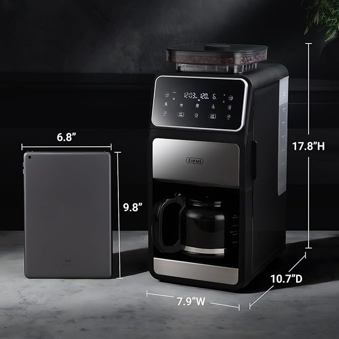 Gevi 10 Cup Drip Coffee Maker with Built-in Grinder, Grind & Brew Burr Combo Coffee Machine with Touch Screen, Programmable, 4-Hour Warm Plate, Permanent Filter, Coffee Carafe
