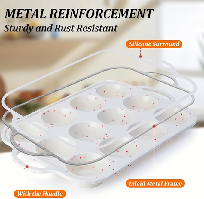 Regular Size Muffin Pan with Metal Reinforced Frame, Silicone Cupcake Pan Easy to Handle Nonstick 12 Cups Silicone Muffin Pans for Baking BPA Free 2 Pack