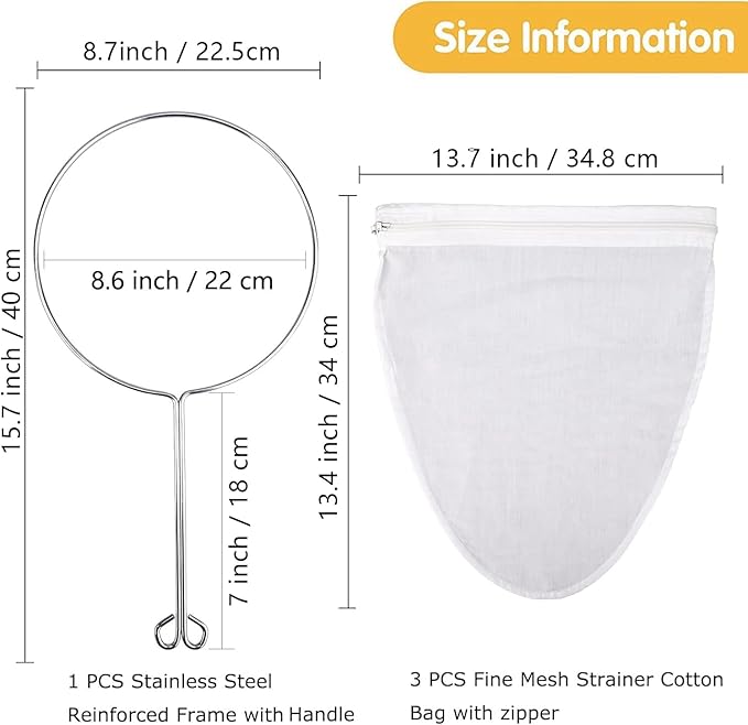 WMKGG Ultra Fine Mesh Strainer Bags, Reusable Filter Bags with Stainless Steel Handle Frame for Filter NutMilk, Coffee, Milk, Butter, Juices and Fresh Cheese (Large Size)(8.6"Wx13.4"D)