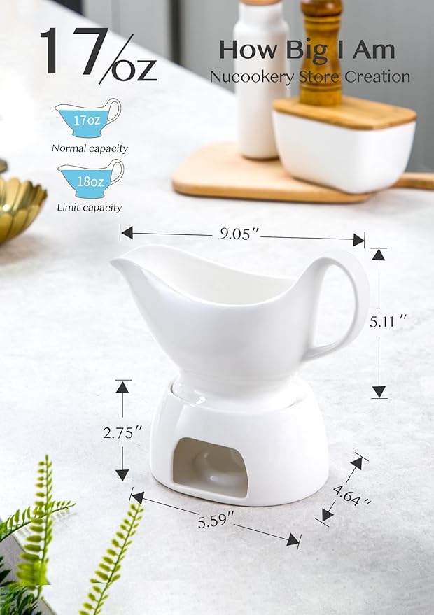 Nucookery Classic 17 Oz Gravy Boat with Warmer, White Fine Porcelain Saucier With Big Dripless Lip Spout, Bowl For Thanksgiving, Warming Sauces, Salad Dressings, Microwave & Freezer Safe(Set of 2)