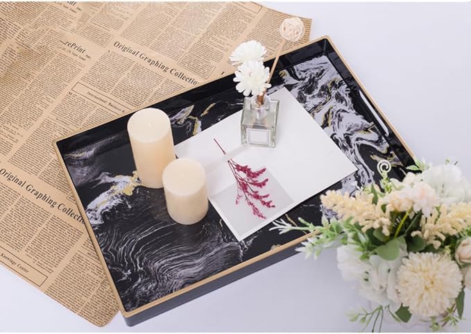 MAONAME Decorative Tray, Plastic Marbling Tray with Handles, Rectangular Coffee Table Trays for Ottoman, Bathroom, 15.7” x 10.2”, Black