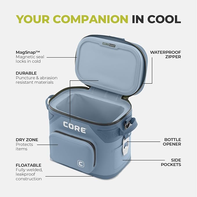 CORE Magnetic Leak Proof Soft Cooler with Waterproof Zipper | Insulated Bag Portable Ice Chest Box | Best Soft Cooler for Food & Beverages for Tailgating, Car Camping, Travel, and Family Beach Picnics