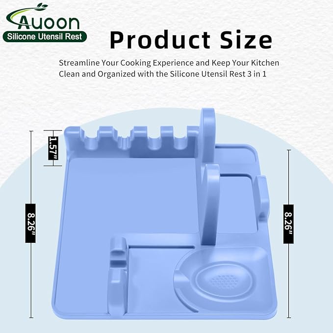 AUOON Spoon Holder for Stove - Silicone Spoon and Lid Rest with Drip Pad Kitchen Utensil Rest for Spoons, Ladles, Spatulas, Tongs & More (Blue Velvet, Large)