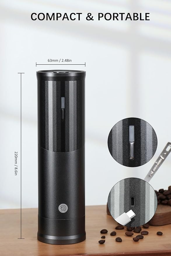Electric Coffee Grinders, Portable Burr Grinder Capacity 50g w/Magnetic Cover,External Adjustable Setting, Aluminum Alloy Body, 800mAh Battery(Stand not Included) Silver