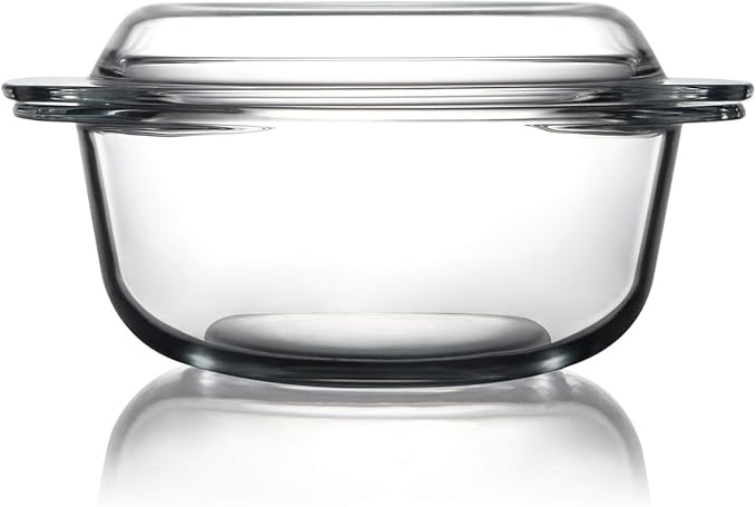 Clear Round Glass Casserole Dish With Lid Non-Plastic Lidded Casseroles Easy Grab Glass Cooking Bowls with Glass Lid, Microwave, Oven, Freezer, and Dishwasher Safe (1.5L)