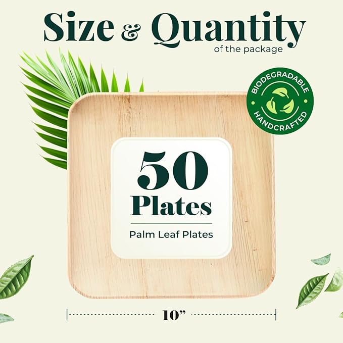 Palm Leaf Plates 10 Inch Bamboo Paper Disposable 50 Bulk Dinner Square Party Plates Event Tableware Eco Biodegradable Compostable Wooden Plate Best Alternative to Plastic Plate, By KoalaLove