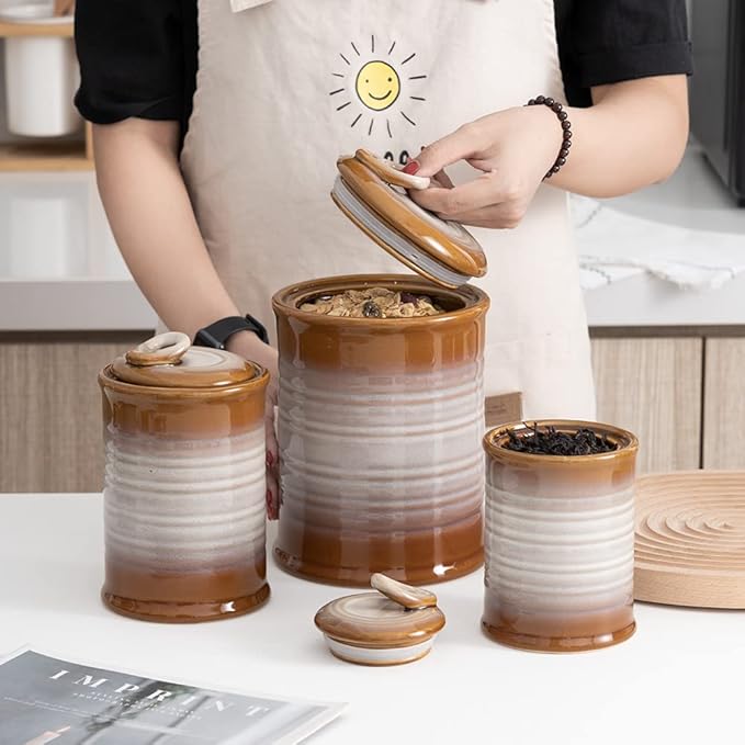 Nihow Ceramic Food Storage Jar Sets: Container with Air Tight Ceramic Lid for Flour/Sugar/Rice/Coffee/Cookies/Candy - Seal Damp-proof Canister for The Kitchen - Set of 3 (Brown)