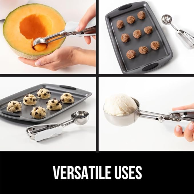 GORILLA GRIP Stainless Steel Multipurpose BPA-Free Spring Scoop, 1 TBSP, Melon Ballers, Cookie Dough Scoops, Perfect Portion Sizes, Easy Squeeze and Clean Release, Scooper Size 60, White