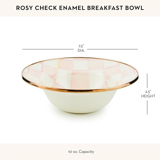 MACKENZIE-CHILDS Enamel Breakfast Bowl, Unique Soup Bowl or Cereal Bowl, Dinnerware, Pink-and-White Rosy Check, Set of 1