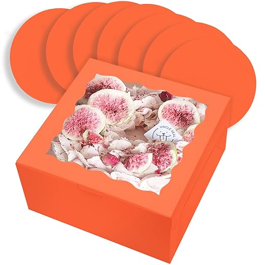 qiqee 10x10x5 Cake Box, 18 Sets Coral Orange Cake Box with Window & 18 Sets 10" Coral Orange Cake Round Boards, 10inch Cake Containers