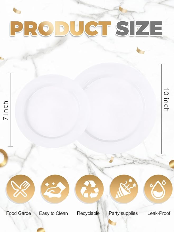 WDF 200pcs White Plastic Plates Disposable - Heavy Duty Plastic Plates for Party - Include 100 x 10" Dinner Plate and 100 x 7" Dessert/Cake Plate - Ideal for Weddings/Parties/Events