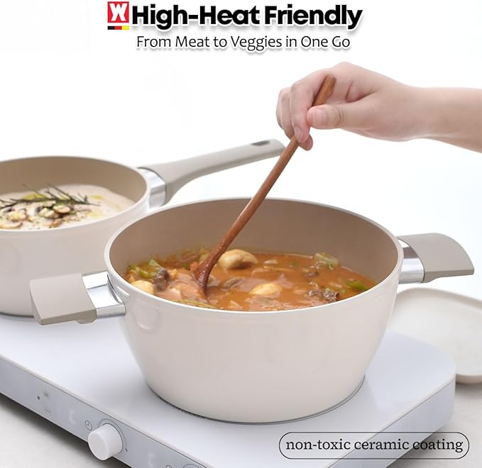 Aluminum Stock Pot with 7-Layered Ceramic Coating, Non-Stick Surface, Tempered Glass Lid, Dual Heat-Resistant Handles, PFOA, PFAS, Lead, Cadmium Free, All Cooktops 5.34L / 5.64Quarts