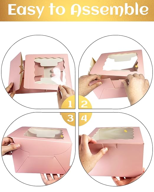 qiqee 8x8x5 Cake Box, 18 Sets Pink Cake Box with Window & 18 Sets 8" Pink Cake Round Boards, 8inch Cake Containers