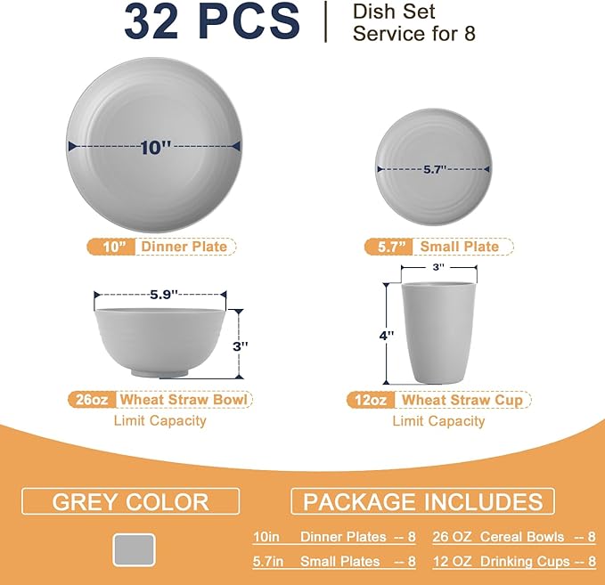 Homienly 32-Piece Kitchen Wheat Straw Dinnerware Set, Service for 8, Dinner Plates, Small Dessert Plate, Cereal Bowls, Cups, Unbreakable Outdoor Camping Dishes, Microwave and Dishwasher Safe-Grey