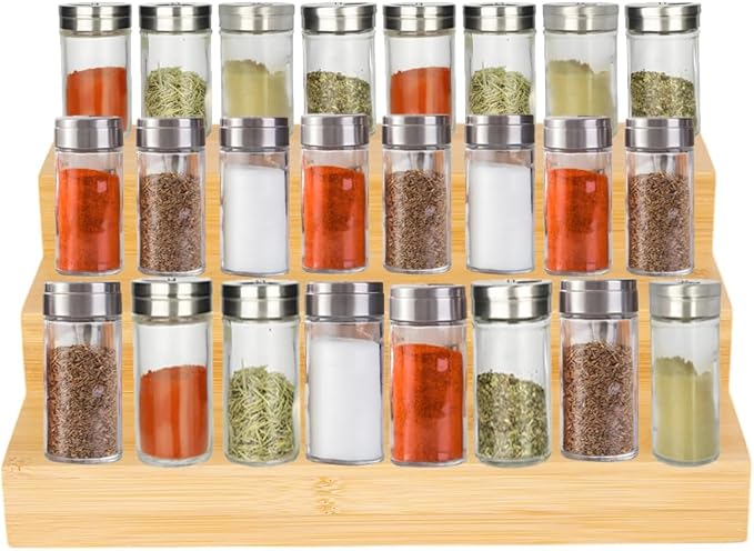 Bamboo Spice Rack Organizer for Cabinet Wooden Spice Shelf for Kitchen Pantry Storage Organizer 3 Tier Countertop(2 Pack)