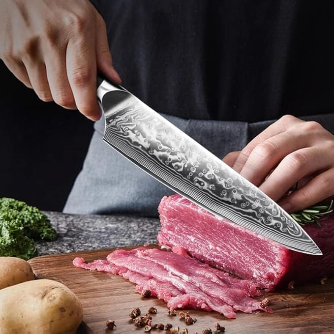 SHAN ZU Damascus Kitchen Knife Set, 7-Piece Professional Knife Sets for Chefs, Japanese Super Steel Damascus Kitchen Knife Set With G10 Handle Knife Block Set
