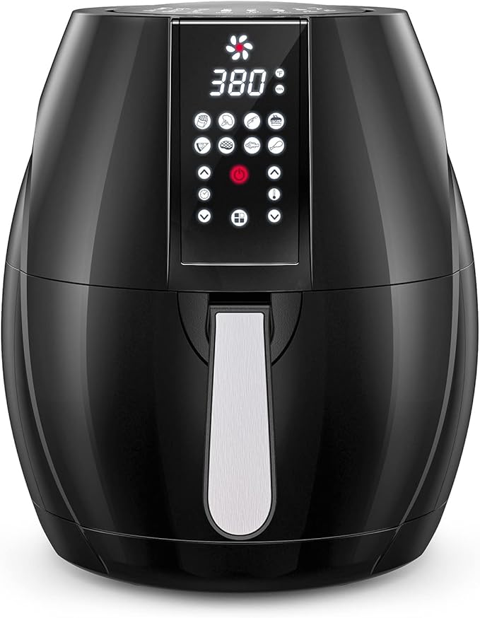 Famiworths Air Fryer, 6.3QT XL Large Electric Hot Airfryer Oven Oilless Cooker, Digital One-Touch Screen with 8 Cooking Mode, Nonstick Basket and Grill Shelf, Includes Cooking Tong, 1500W, Black