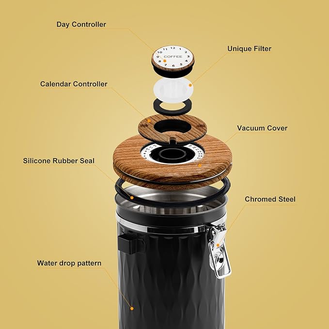 TEDSWAIT Coffee Container with Sealed Cantilever Lid and Scoop, Airtight Stainless Steel Kitchen Food Storage Canister with Date Tracker, 1.8L (Black)