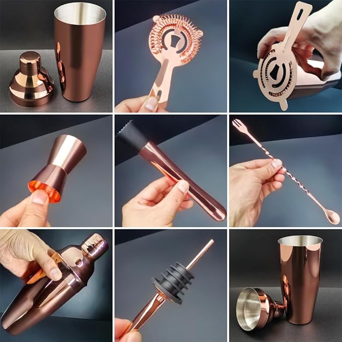 Cocktail Shaker Set, Bartender Kit, Cocktail Shaker with Stand, Drink Mixing Includes Martini Shaker,Strainer,Jigger,Bar Mixer Spoon,Muddler, Pourer, Bar Tool Set  (Rose Gold)