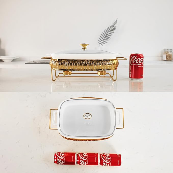 11" x 8" Ceramic Rectangular Casserole Dish with Glass Lid and rack, 1.6 Quart White Serving Soup Tureen,Chafing Dish for Buffet, Family Food Tray, Catering Casserole for Party Style