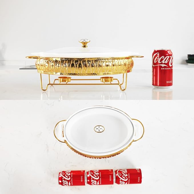 11" x 7" Ceramic Oval Casserole Dish with Glass Lid and Gold rack, 1.3 Quart White Serving Soup Tureen,Chafing Dish for Buffet, Family Food preserve Tray, Catering Casserole for Party Style